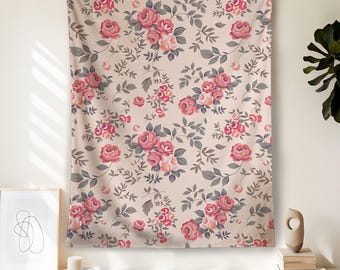 Pink Rose Floral Tapestry, Romantic Cottagecore Wall Hanging, intage Botanical Bedroom Decor, Soft Feminine Room Art Tapestry, Gifts for Her