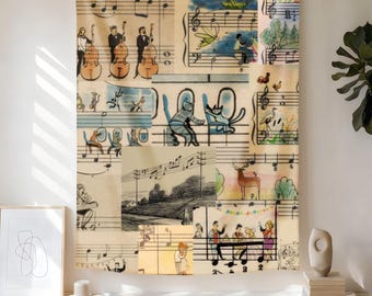 Arazzo vintage con collage di spartiti musicali, arazzo con simpatici musicisti animali, arazzo con personaggi dei cartoni animati, decorazione da parete con strumenti musicali, arredamento per il soggiorno.