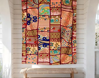 Ethnic Patchwork Tapestry Wall Hanging,Geometric Quilt Patterns Decor,Boho Florals Tapestry,Folk Art Quilted Aesthetic Decor,For Living Room