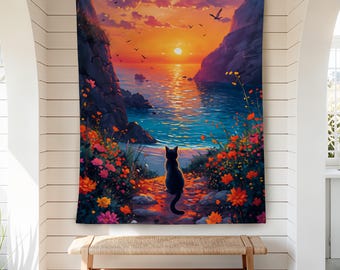 Sunset Ocean Cat Tapestry, Dreamy Coastal Wall Hanging, Fantasy Nature Art, Aesthetic Cat Lover Bedroom Dorm Decor Tapestry,Gift for Her Him