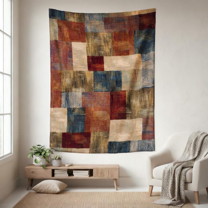 Tapisserie patchwork rustique, art mural géométrique abstrait, décoration de chambre style ferme vintage, fond neutre pour dortoir, décoration bohème, cadeaux pour une maison chaleureuse image 1