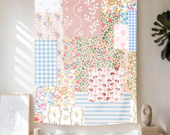 Tapisserie patchwork floral pastel, tenture murale à motif vichy, décor de courtepointe géométrique, tapisserie à motif de tulipe, collage esthétique, décoration pour chambre à coucher