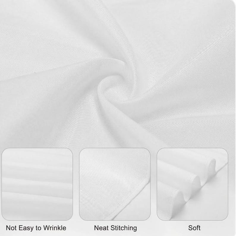 Peut inclure: Un tissu blanc &agrave; la texture fine et lisse. L'image comprend trois petits panneaux illustrant les propri&eacute;t&eacute;s du mat&eacute;riau avec les &eacute;tiquettes Not Easy to Wrinkle, Neat Stitching et Soft, mettant en &eacute;vidence la qualit&eacute; du tissu.