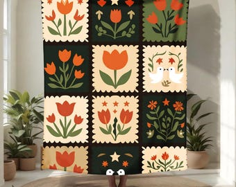 Tapisserie florale à accrocher au mur, décoration à motif de courtepointe tulipe, tapisserie à motifs d'oiseaux, tapisserie au design symétrique, décoration de style bohème, pour le salon
