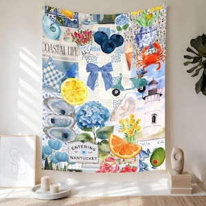 Coastal Life Tapestry,Nautical Seafood Wall Hanging,Flowers Pattern Decor, Lighthouse Crab Tapestry, Collage Art Tapestry, For Bedroom Decor
