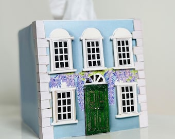 Papercraft Kit: Miniature Regency Townhouse with Wisteria in Pastel Blue