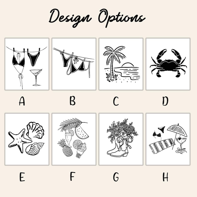 May include: Black and white line art illustrations of summer-themed designs. The designs include a bikini with a martini glass, a bikini hanging on a clothesline, a palm tree on a beach, a crab, seashells, tropical drinks, cowboy boots with flowers, and a beach scene.