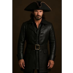 Premium Pirate Leather Coat with Tricorn Hat -Black Leather Men’s Costume, Historical Navy Officer Outfit, Brass Belt Buckle, Halloween Wear