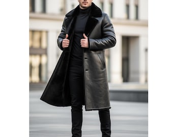 ジャケット・アウター LEATHER COMBINATION DOUBLE LAPEL COAT Overcoat Black Thin Coat LEATHER COMBINATION DOUBLE LAPEL COAT