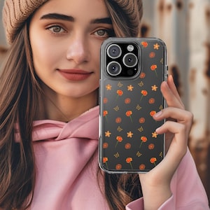Orange wild Flowers Clear Phone Case - Protective Cover with Colorful Flower Design, Spring Phone Accessory, Cute iphone 15 pro max case