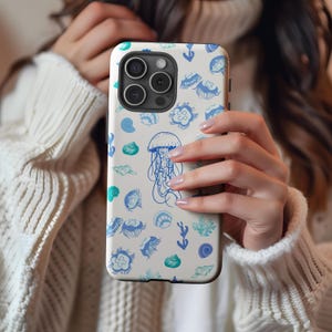 Ocean-Inspired iPhone 16 Case - Jellyfish and Seashell Design, Waterproof Protective Cover, Cute Beach Decor, Gift for Ocean Lovers