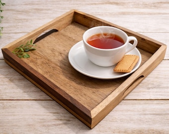 Handmade Wooden Rustic Serving Tray with Handles for Tea Coffee Breakfast Home Decor Gift