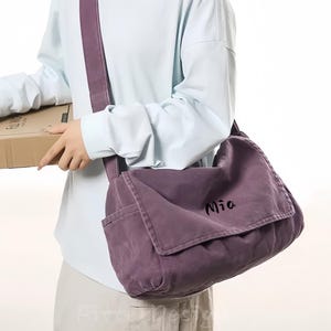 Canvas Messenger Custom Embroidered Bag, Crossbody Laptop Satchel, Daily Commuter Student Book Bag, Black Green Gray Off-white Purple