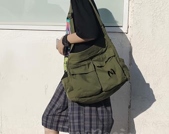 Multi-pocket Large Capacity Messenger Bag, Custom Embroidered Canvas Crossbdoy, Student Commuter Shoulder Tote, Green Brown White Black