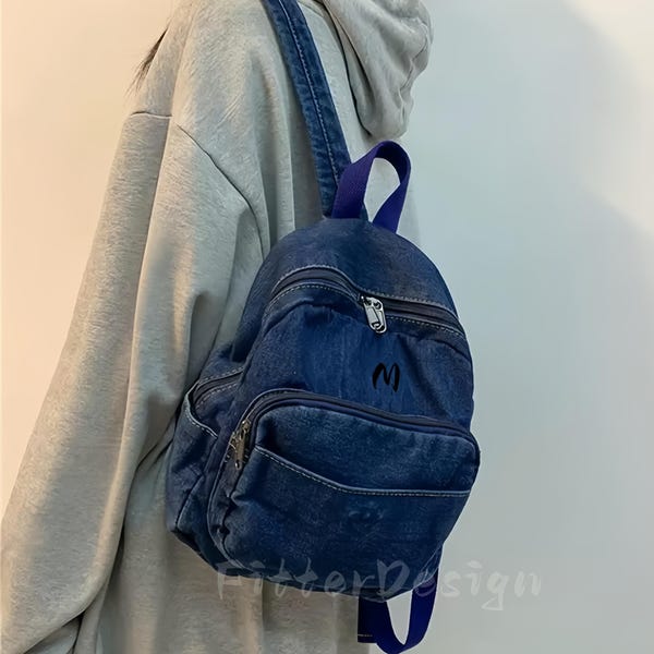 Custom Embroidered Mini Denim Backpacks, Japanese Harajuku Style Rucksack, School Student Daypack, Travel Small bag, Dark blue Light blue