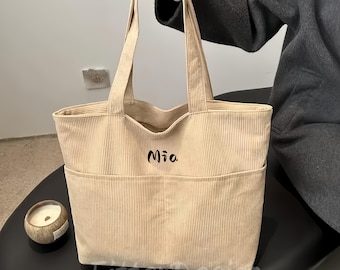 Corduroy Tote Bag for Women, Large Capacity Work Shoulder Bag, Custom Embroidered, Trendy Casual Purse, Khaki Brown White Black Gray Color