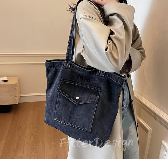 Denim Canvas Tote Bag, Unisex Shoulder Bag for School  display picture 3