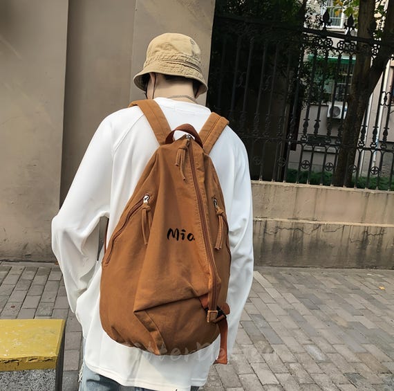 Canvas Student Backpack, Custom Embroidered Slouchy Boho Bookbag, White Green Black Brown Color