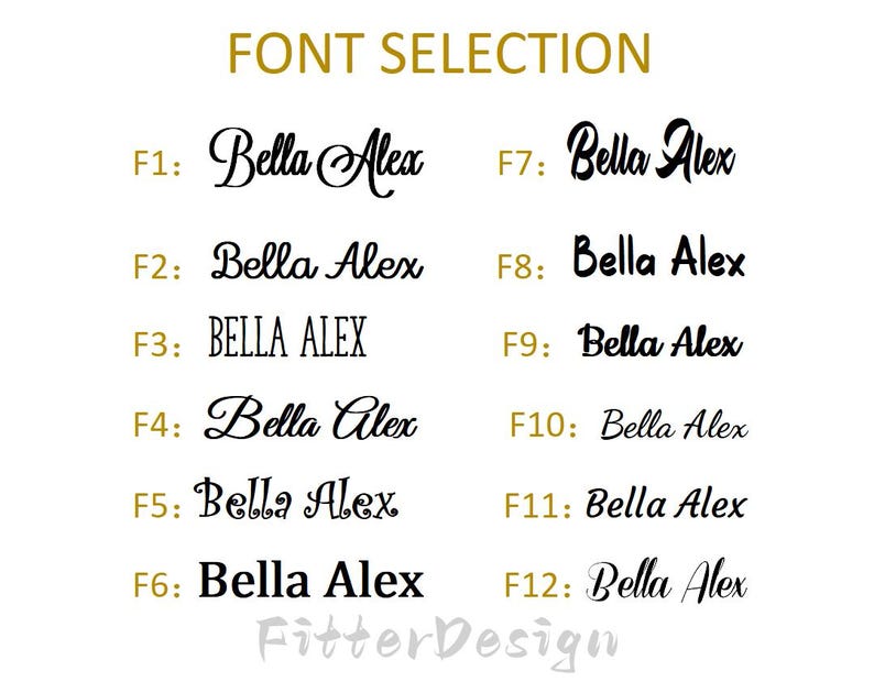 Puede incluir: Un gr&aacute;fico que muestra opciones de fuentes para el dise&ntilde;o de texto. Las palabras "FONT SELECTION" est&aacute;n en oro en la parte superior. Se muestran doce estilos de fuente diferentes, cada uno con "Bella Alex". El logotipo de FitterDesign est&aacute; en la parte inferior.