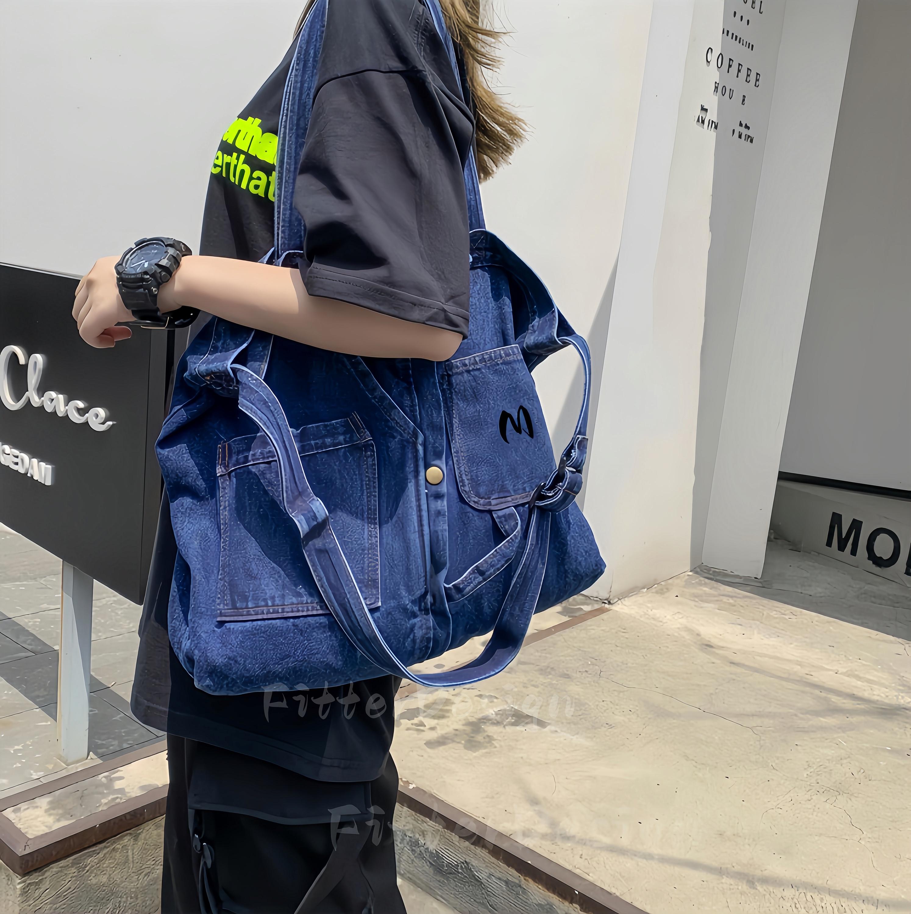 カスタム刺繍デニムトート、レトロカレッジスタイルキャンバス