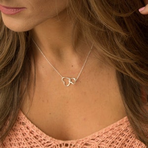 Sterling Silver Two Connected Hearts Necklace, Love Necklace, Interlocking Double Heart Necklace, Moving Hearts Necklace, Gift for a Friend