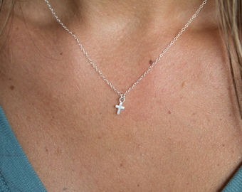 Sterling Silver Mini Small Cross Necklace, Tiny Cross Necklace, Tiny Charm Dainty Necklace, Thin Chain Necklace, Gift for Her