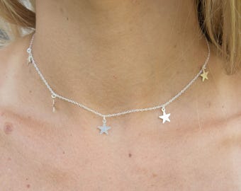 Tiny Dangle Star Choker Necklace, Gold or Silver Star Necklace, Small Chain Necklace, Adjustable Choker, Multi Star Dangle Necklace