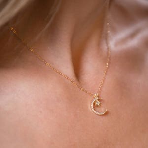 Delicate Moon and Star Necklace, Dainty Gold or Silver Necklace, Layering Necklace, Minimalist Jewelry, Gift for Her, Star Necklace