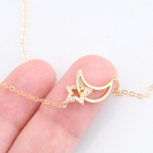 Delicate Moon and Star Necklace Dainty Gold or Silver - Etsy