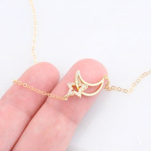 Delicate Moon and Star Necklace, Dainty Gold or Silver Necklace, Layering Necklace, Minimalist Jewelry, Gift for Her, Star Necklace