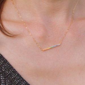 Thin Horizontal Rainbow Crystal Bar Connector Necklace, Long Bar Necklace, Bar Drop Necklace, Delicate Skinny Long Bar, Gift for Her