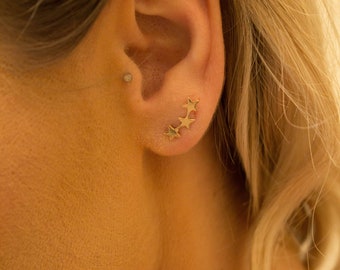 May include: A close-up of a person's ear with a gold star earring. The earring is made of four small stars in a row.