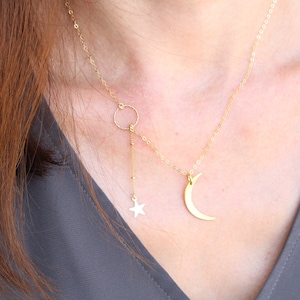 Dainty Moon and Star Necklace, Crescent Half Moon Necklace, Layering Necklace, Minimalist Jewelry, Gift for Her, Star Necklace, Christmas