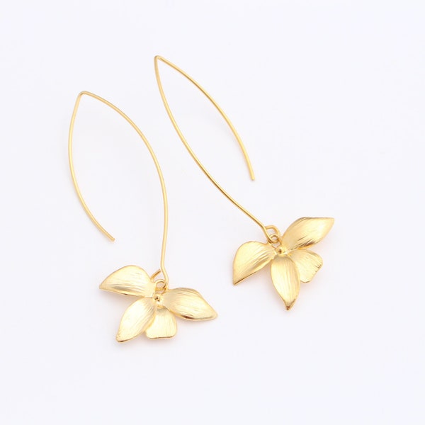 Matte Gold Or Matte Silver Kidney Hook Wire orchid elegant earrings, Flower Earrings, Hanging Orchid Earrings