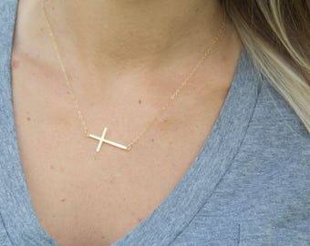 Silver/Gold/Rose Gold Sideways Thin Plain Cross Necklace, Simple Cross Necklace, Off Center Petite Cross Necklace, Gift for her, Religious