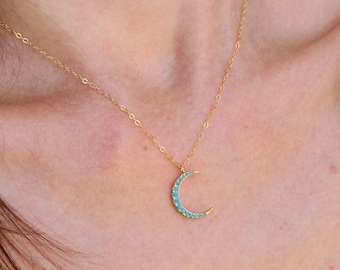 Delicate Turquoise Crescent Moon Necklace, Dainty Gold Necklace, Layering Necklace, Minimalist Jewelry, Gift for Her, Star Necklace