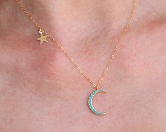 Delicate Turquoise Moon and Star Necklace, Dainty Gold Necklace, Layering Necklace, Minimalist Jewelry, Gift for Her, Star Necklace