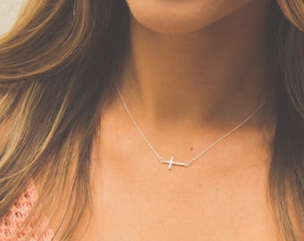 Sterling Silver Horizontal Sideways Cross Necklace, Celebrity Jewelry, Thin Cross Necklace, Off Center Cross Necklace, Gift for her