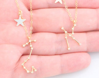 Zodiac and Star Necklace, Constellation Necklace, Zodiac Outline Layering Necklace, Minimalist Jewelry Gift for Her, Star Necklace