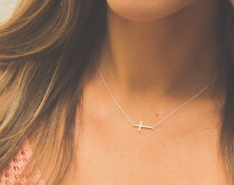 Sterling Silver Sideways Cross Necklace, Celebrity Jewelry, Cross Necklace, Off Center Cross Necklace, Gift for her