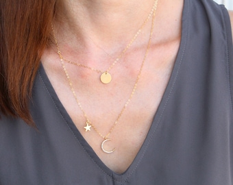 Sun, Moon and Star Double Layer Necklace, Multi Strand Necklace, Layering Necklace, Minimalist Jewelry Gift for Her, Star Necklace