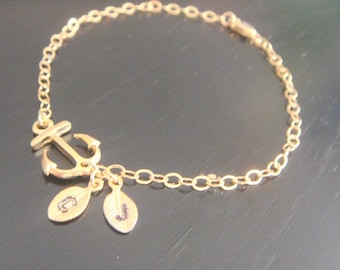 14 Kt Gold- Filled Sideways Navy Anchor Adjustable Bracelet  Bridesmaids Birthday Christmas Charm Bracelet Everyday Simple Jewelry Celebrity