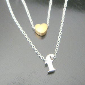 Layered Initial and Heart Necklace, Tiny Double Letter Necklace, Double Strand Necklace, Lowercase Initial Necklace, Silver Initial Necklace