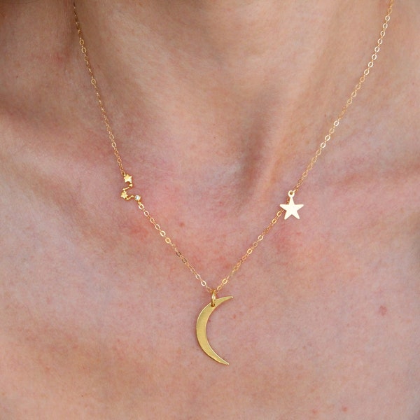 Dainty Zodiac Sign, Moon and Star Necklace, Constellation Necklace, Zodiac Outline Layering Necklace, Minimalist Jewelry Gift for Her