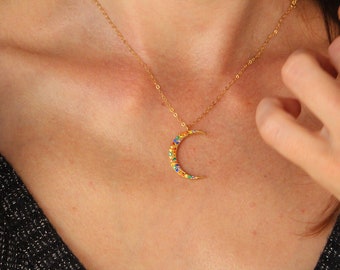 Rainbow CZ Crescent Moon Pendant Necklace, Delicate Big Moon Necklace, Layering Necklace, Minimalist Jewelry, Gift for Her, Star Necklace