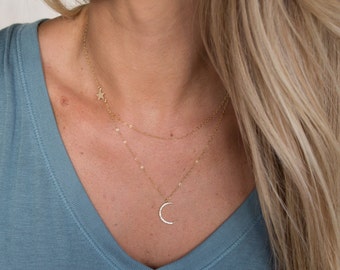 Moon and Star Double Layer Necklace, Multi Strand Necklace, Layering Necklace, Minimalist Jewelry Gift for Her, Star Necklace