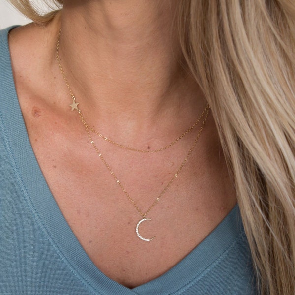 Moon and Star Double Layer Necklace, Multi Strand Necklace, Layering Necklace, Minimalist Jewelry Gift for Her, Star Necklace