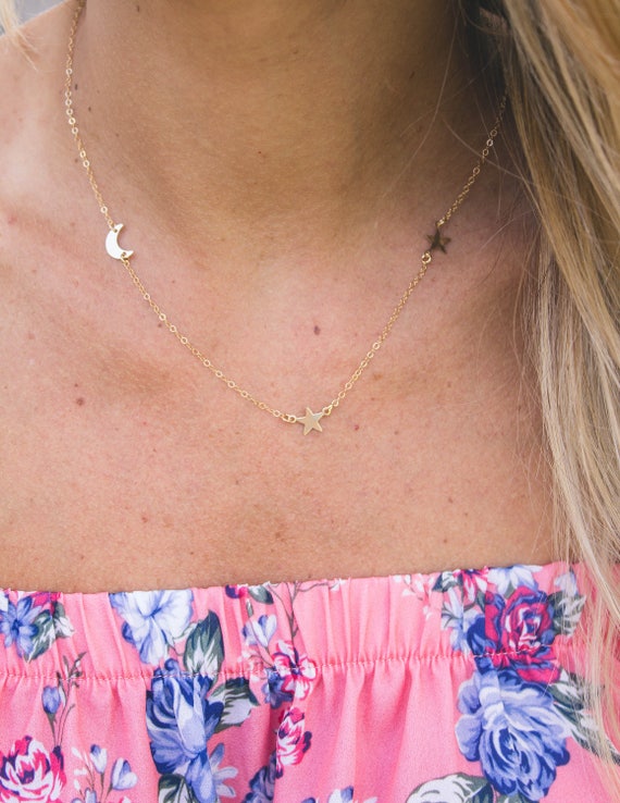 Dainty Crescent Moon and Stars Necklace Sideways Celestial Moon Necklace off Center Crescent Moon Necklace Tiny Star Necklace Etsy Canada