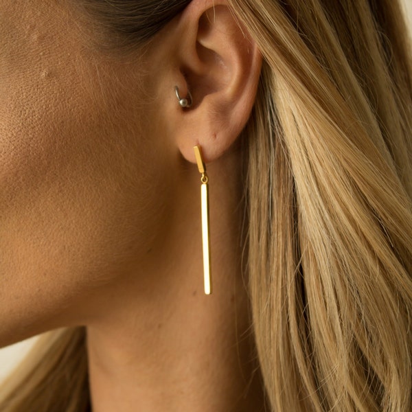 Gold or Silver Thin long Linked Bar Drop Earrings, Vertical Bar Drop Earrings, Dainty Tiny Bar Dangle Earrings, Minimalist Earrings