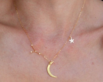 Dainty Zodiac Sign, Moon and Star Necklace, Constellation Necklace, Zodiac Outline Layering Necklace, Minimalist Jewelry Gift for Her